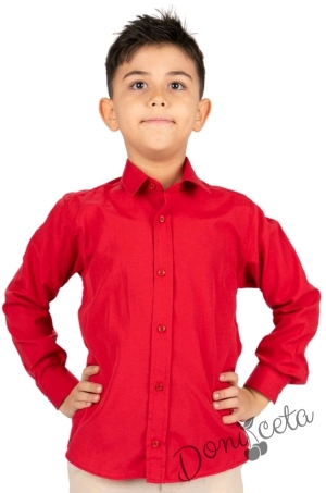 Детска риза в червено с дълъг ръкав за момче с яка