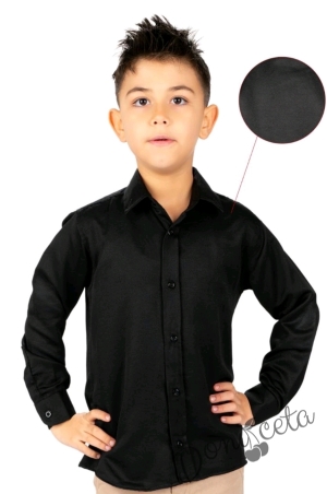 Детска риза в черно с дълъг ръкав за момче с яка