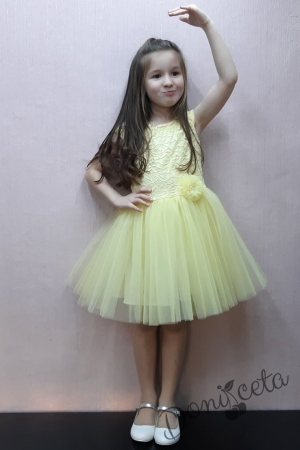 Детска официална рокля с къс ръкав с дантела в жълто и и тюл 1