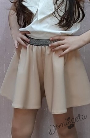 Комплект Тея от пола-панталон и блуза с панелка в бежово 2