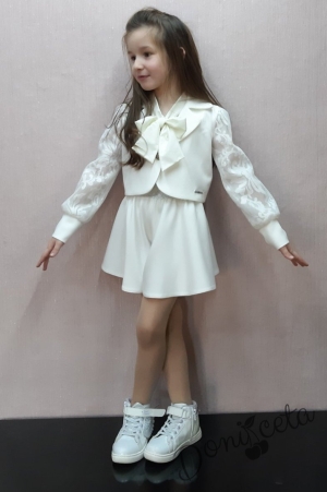 Комплект Тея от пола-панталон, сако и блуза с панелка в бяло 3