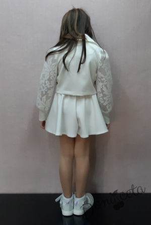 Комплект Тея от пола-панталон, сако и блуза с панелка в бяло 4
