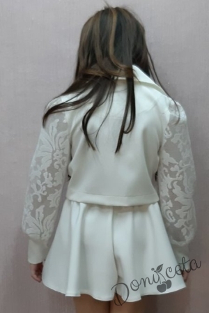 Комплект Тея от пола-панталон, сако и блуза с панелка в бяло 5