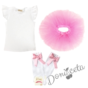 Комплект 3 части в розово и блуза в бяло с къдрици