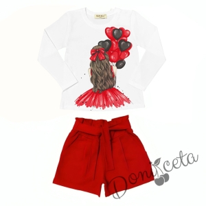 Комплект за момиче от къси панталони в червено и блуза с дълъг ръкав и момиче в каре 1