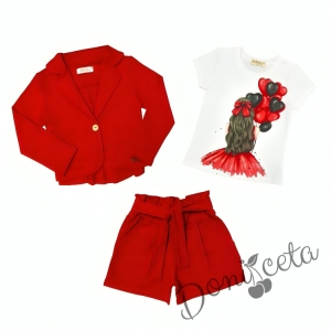 Комплект за момиче от тениска в бяло с балони, къси панталони и сако в червено 1