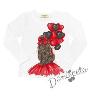 Комплект за момиче от блуза в бяло с балони и пола каре в червено 2