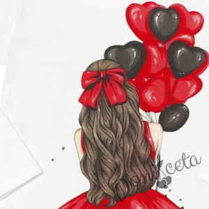 Комплект за момиче от блуза в бяло с балони и пола каре в червено 3