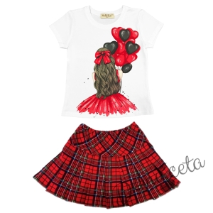 Комплект за момиче от тениска в бяло с балони и пола каре в червено