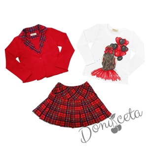 Комплект за момиче от блуза в бяло с балони, пола и сако каре в червено 1