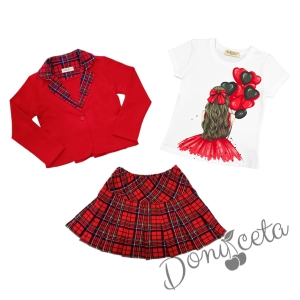 Комплект за момиче от тениска в бяло с балони, пола и сако каре в червено 1