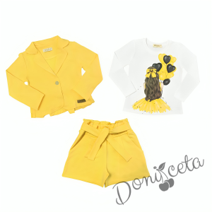 Комплект за момиче от блуза в бяло с балони, къси панталони и сако в жълто
