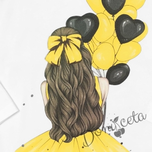 Комплект за момиче от блуза в бяло с балони, къси панталони и сако в жълто 3