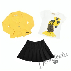 Комплект за момиче от тениска в бяло, сако в жълто и пола в черно