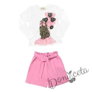 Комплект за момиче от блуза в бяло с балони и къси панталони в розово 1