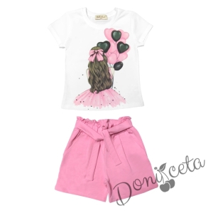Комплект за момиче от тениска в бяло с балони и къси панталони в розово 1