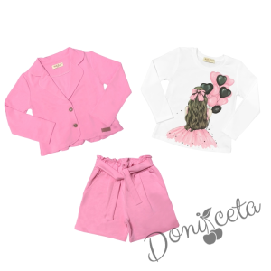 Комплект за момиче от блуза в бяло с балони, къси панталони и сако в розово 1