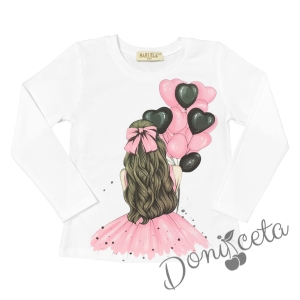 Комплект за момиче от блуза в бяло с балони, къси панталони и сако в розово 2