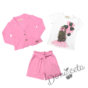 Комплект за момиче от тениска в бяло с балони, къси панталони и сако в розово 1