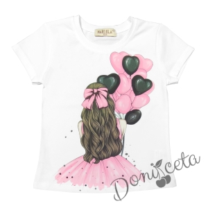 Комплект за момиче от тениска в бяло с балони, къси панталони и сако в розово 2