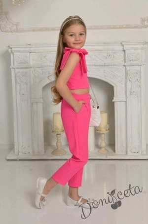 Детски комплект за момиче от 2 части- потник/топ с панделки и панталон в циклама 2
