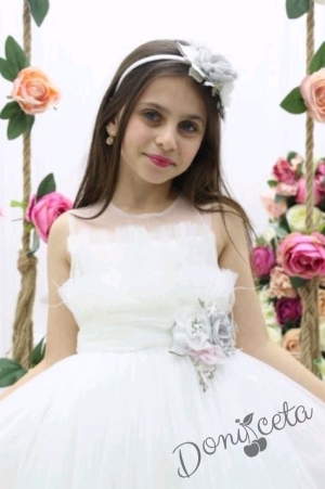 Официална дълга детска рокля от тюл в бяло с панделка за коса Тиара 2