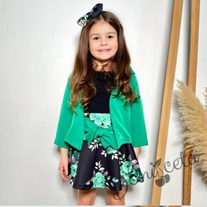 Детски комплект за момиче от 4 части- пола,сако, тениска и диадема за коса в зелено