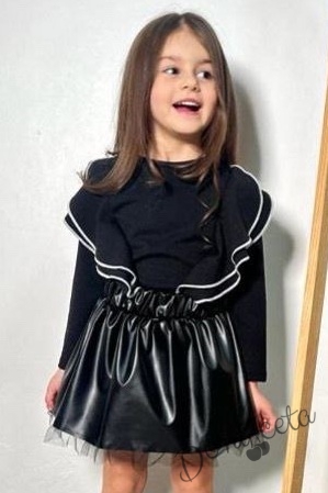 Комплект за момиче от кожена в черно и блуза в циклама 2