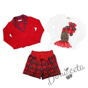 Комплект за момиче от блуза в бяло с балони, панталони и сако каре в червено