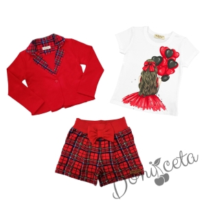 Комплект за момиче от тениска в бяло с балони, панталони и сако каре в червено 1