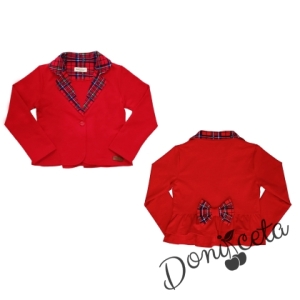 Комплект за момиче от тениска в бяло с балони, панталони и сако каре в червено 5
