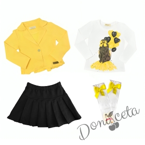 Комплект за момиче от блуза в бяло, сако в жълто и пола в черно и чорапи 1