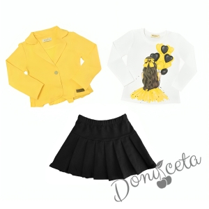 Комплект за момиче от блуза в бяло, сако в жълто и пола в черно и чорапи 2