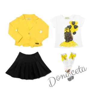 Комплект за момиче от тениска в бяло, сако в жълто и пола в черно и чорапи 1