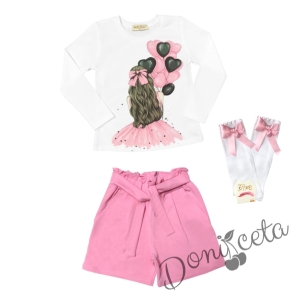 Комплект за момиче от блуза в бяло с балони и къси панталони в розово и чорапи 1