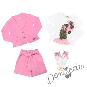 Комплект за момиче от блуза в бяло с балони, къси панталони и сако в розово и чорапи 1