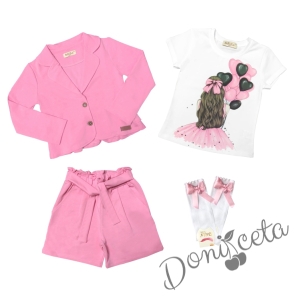 Комплект за момиче от тениска в бяло с балони, къси панталони и сако в розово и чорапи 1