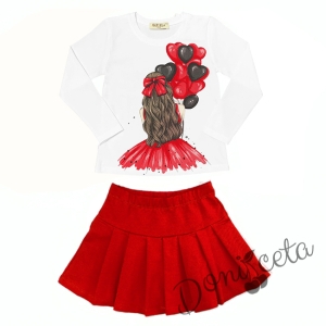 Комплект за момиче от блуза в бяло с балони в червено и пола плисе в червено