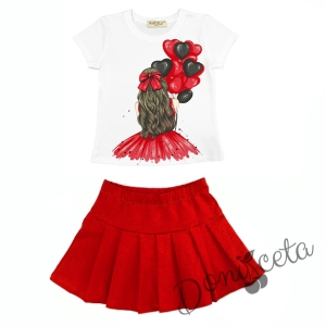 Комплект за момиче от тениска в бяло с балони и пола в червено 1