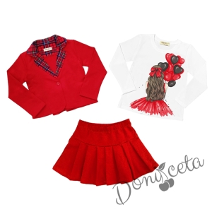 Комплект за момиче от блуза в бяло, сако каре и пола в червено