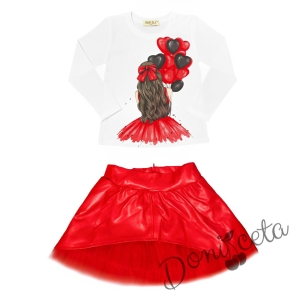 Комплект за момиче от блуза в бяло с балони в червено и кожена пола