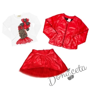 Комплект за момиче от блуза в бяло с балони в червено, кожена пола и яке с цип