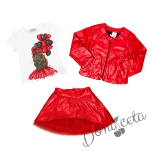 Комплект за момиче от тениска в бяло с балони в червено, кожена пола и яке с цип