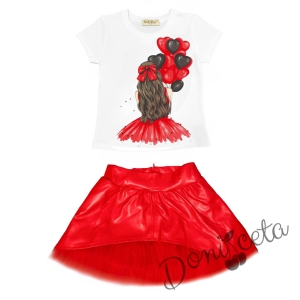 Комплект за момиче от тениска в бяло с балони в червено и кожена пола