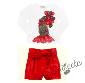 Комплект за момиче от блуза в бяло с балони в червено и кожени панталони