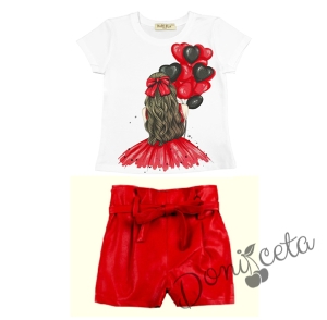 Комплект за момиче от тениска в бяло с балони в червено и кожени панталони
