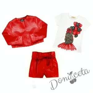 Комплект за момиче от тениска в бяло с балони в червено, кожени панталони яке