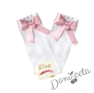 Детски 3/4 чорапи в бяло с панделка в розово