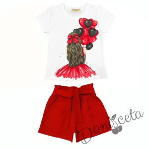 Комплект за момиче от тениска в бяло с балони и къси панталони в червено и чорапи 2