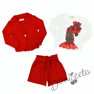Комплект за момиче от блуза в бяло с балони, къси панталони и сако в червено и чорапи 2